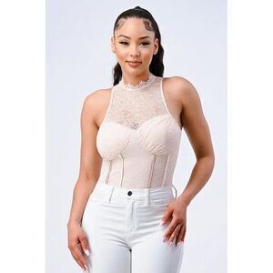 Privy Bodysuit Womens Medium Pink Lace High Neck Corset Bodysuit Bustier Top NWT